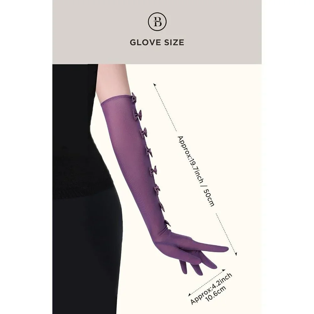 Women's Princess Purple Long Sleeves Gloves Bow Lace Mesh Tulle Party Prom